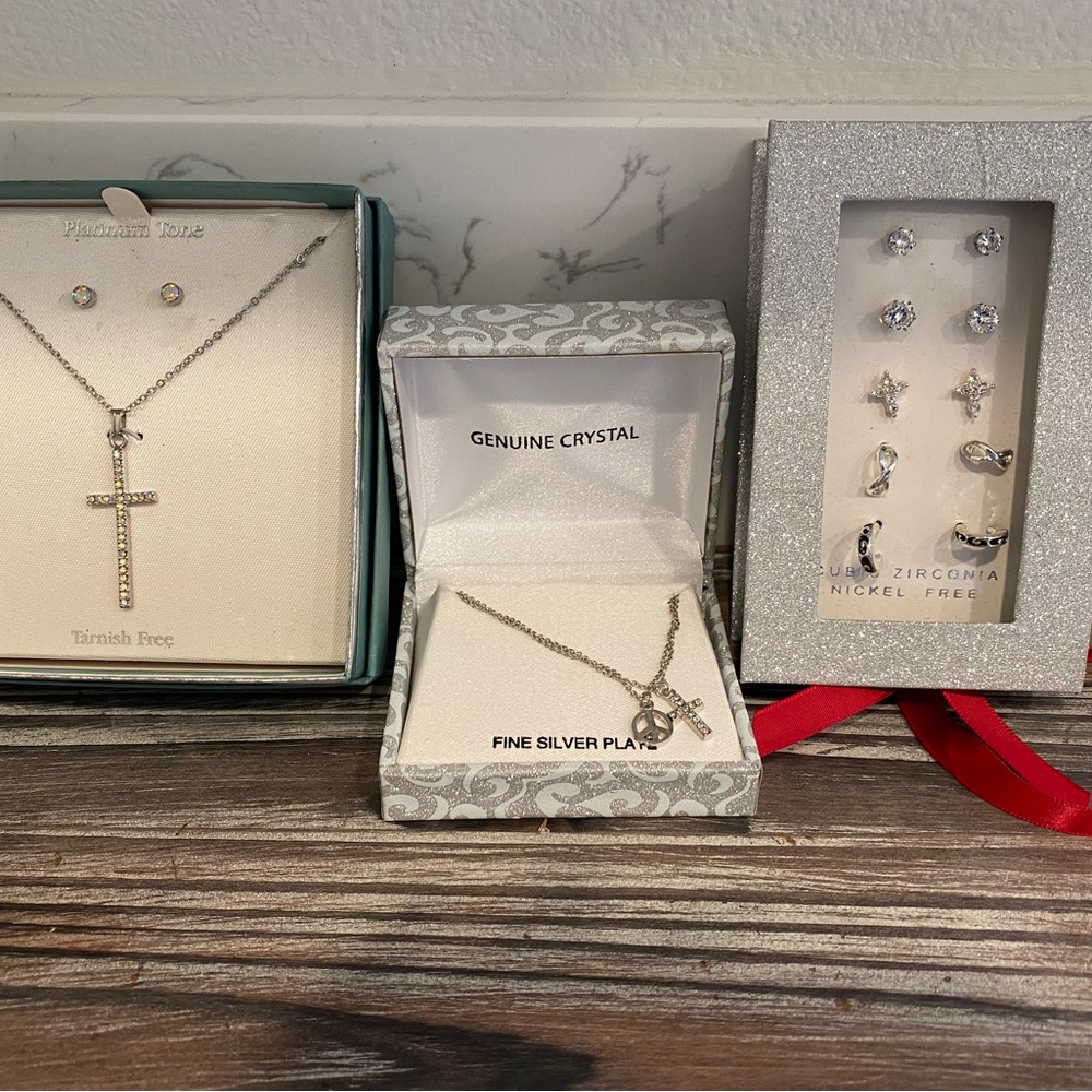 Bundle of New In Box Jewelry Clear Stones & Silver Finish: Necklaces & Earrings